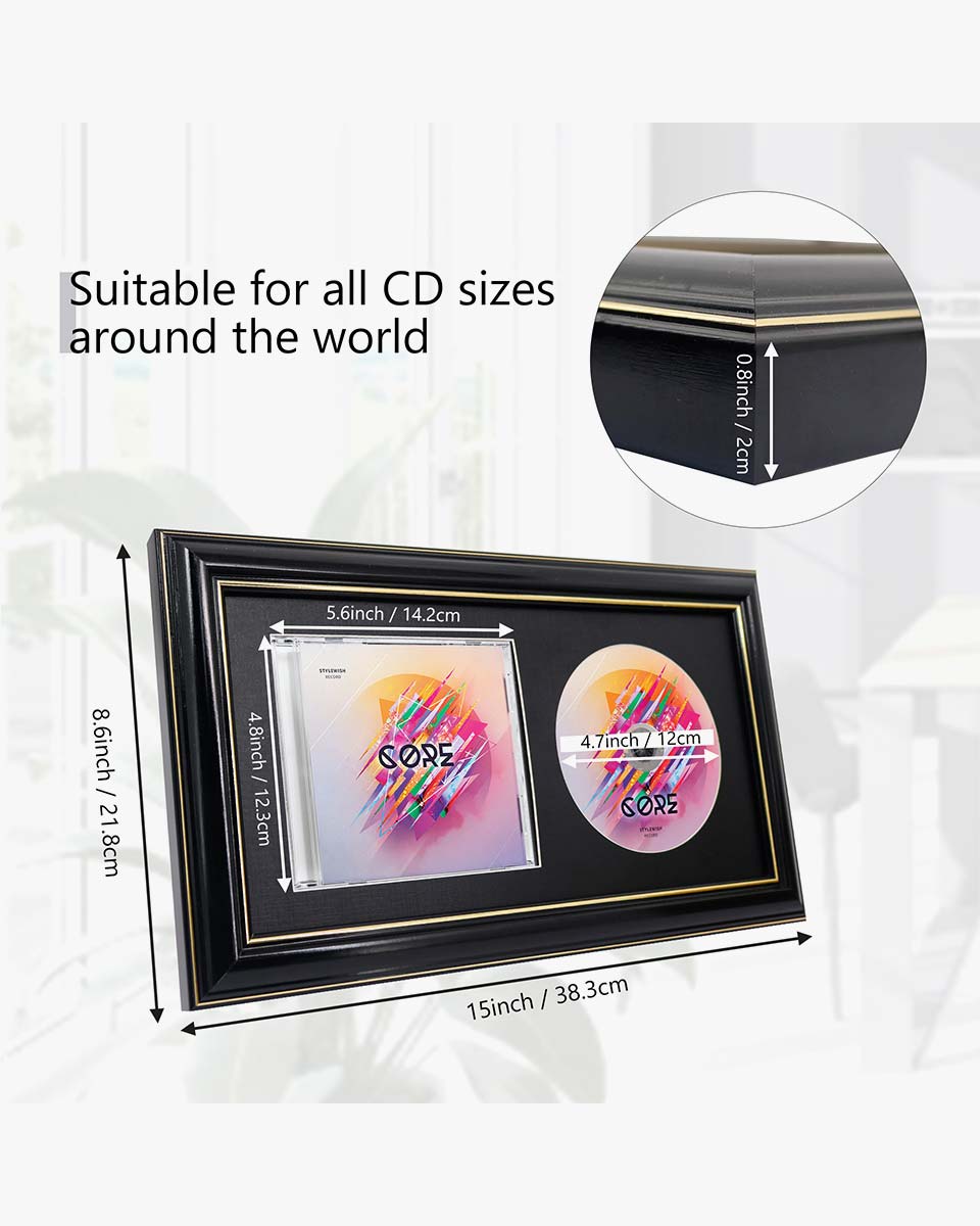 Black Wall and Tabletop CD Display Frame with Double Gold Trim for Disc and CD Case - 2 Mat Colors Available