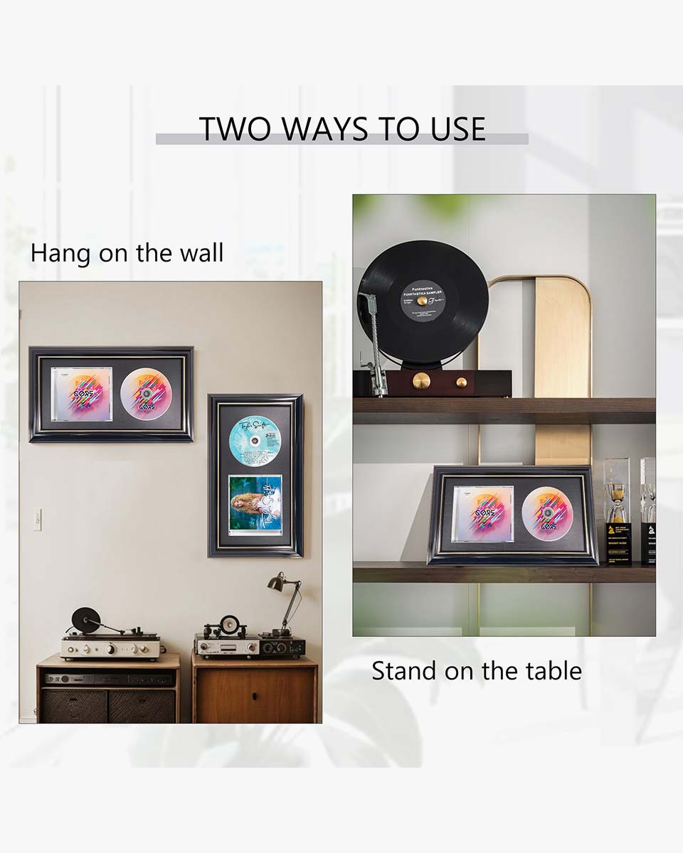 Black Wall and Tabletop CD Display Frame with Double Gold Trim for Disc and CD Case - 2 Mat Colors Available