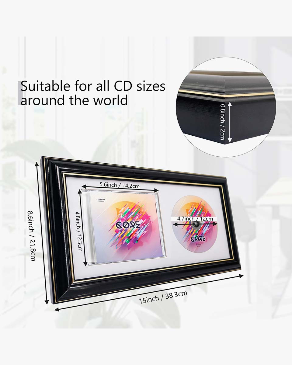 Black Wall and Tabletop CD Display Frame with Double Gold Trim for Disc and CD Case - 2 Mat Colors Available