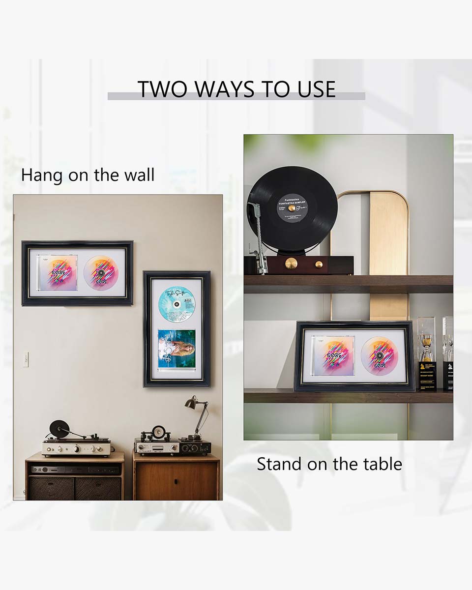 Black Wall and Tabletop CD Display Frame with Double Gold Trim for Disc and CD Case - 2 Mat Colors Available