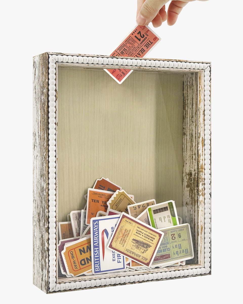 White Top Loading with Slot Unique Beaded Design Travel Shadow Box in 3 Size