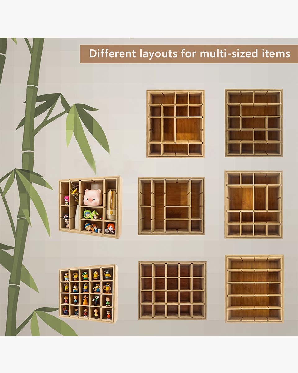 Bamboo Spice Rack Adjustable Shadow Box with 20 Compartments 12x14