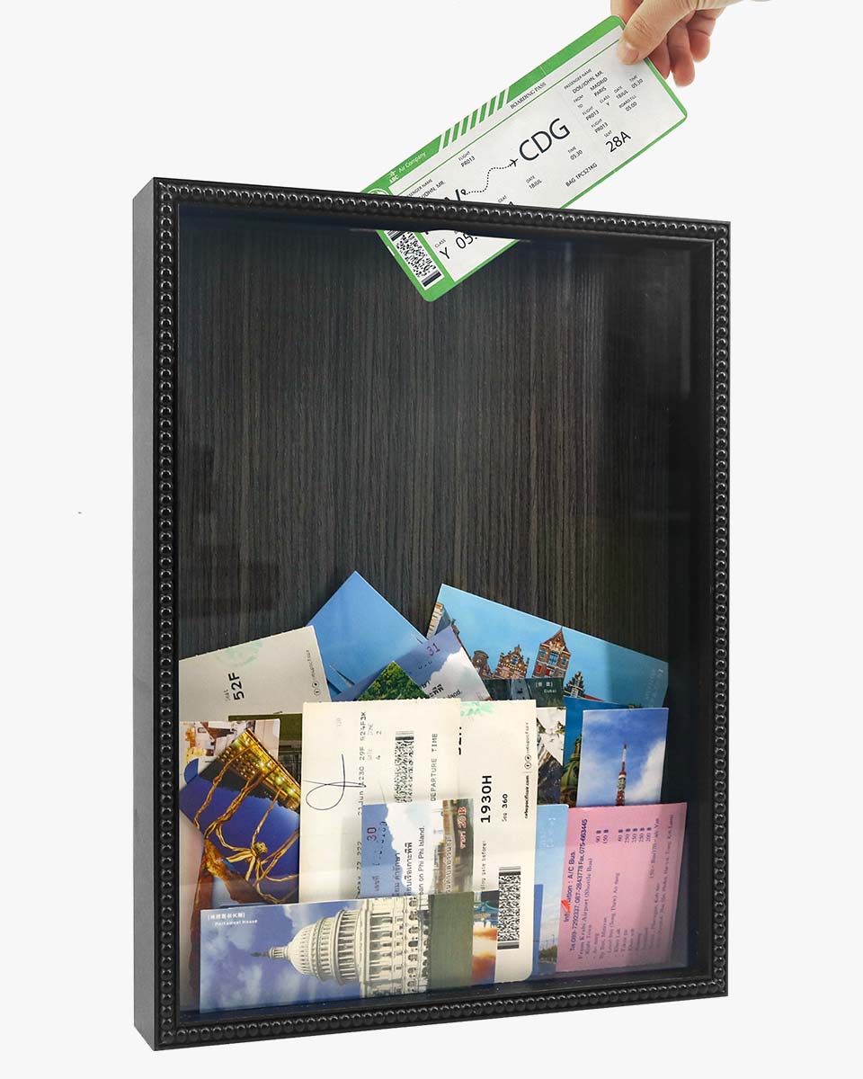 Black Top Loading with Slot Unique Beaded Design Travel Shadow Box in 3 Size