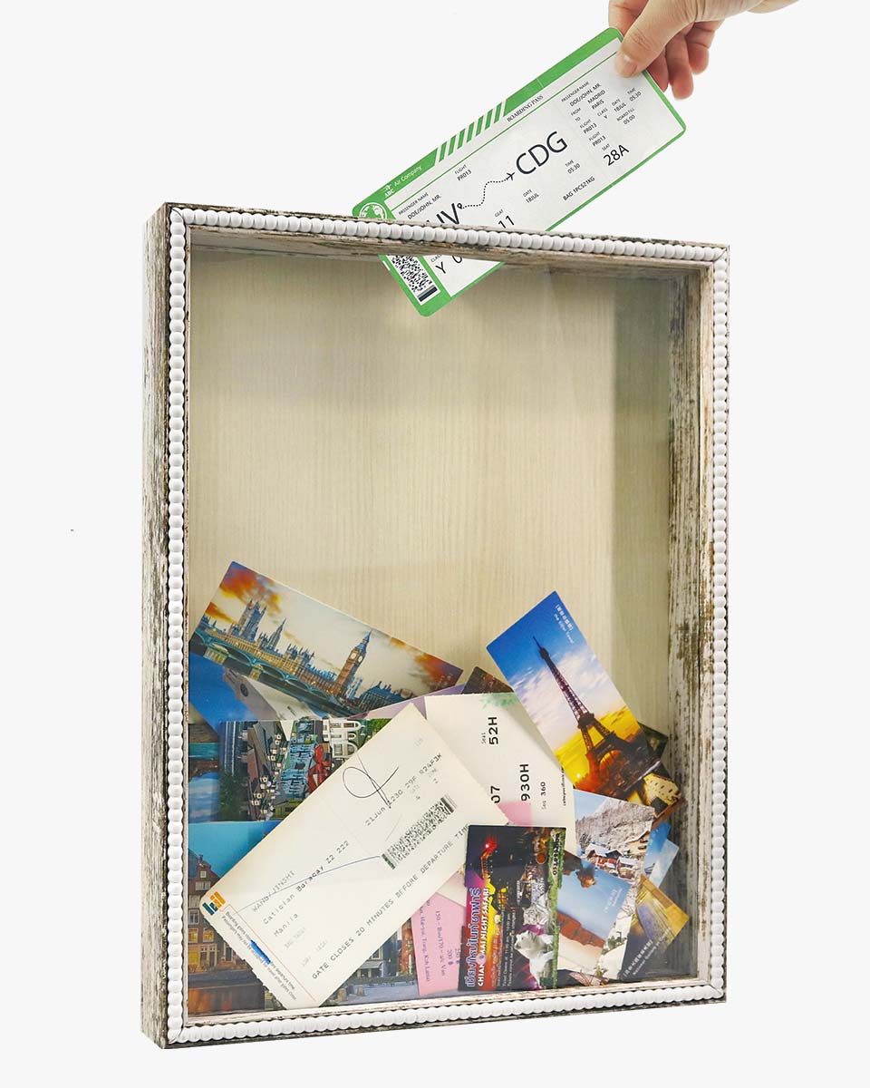 White Top Loading with Slot Unique Beaded Design Travel Shadow Box in 3 Size
