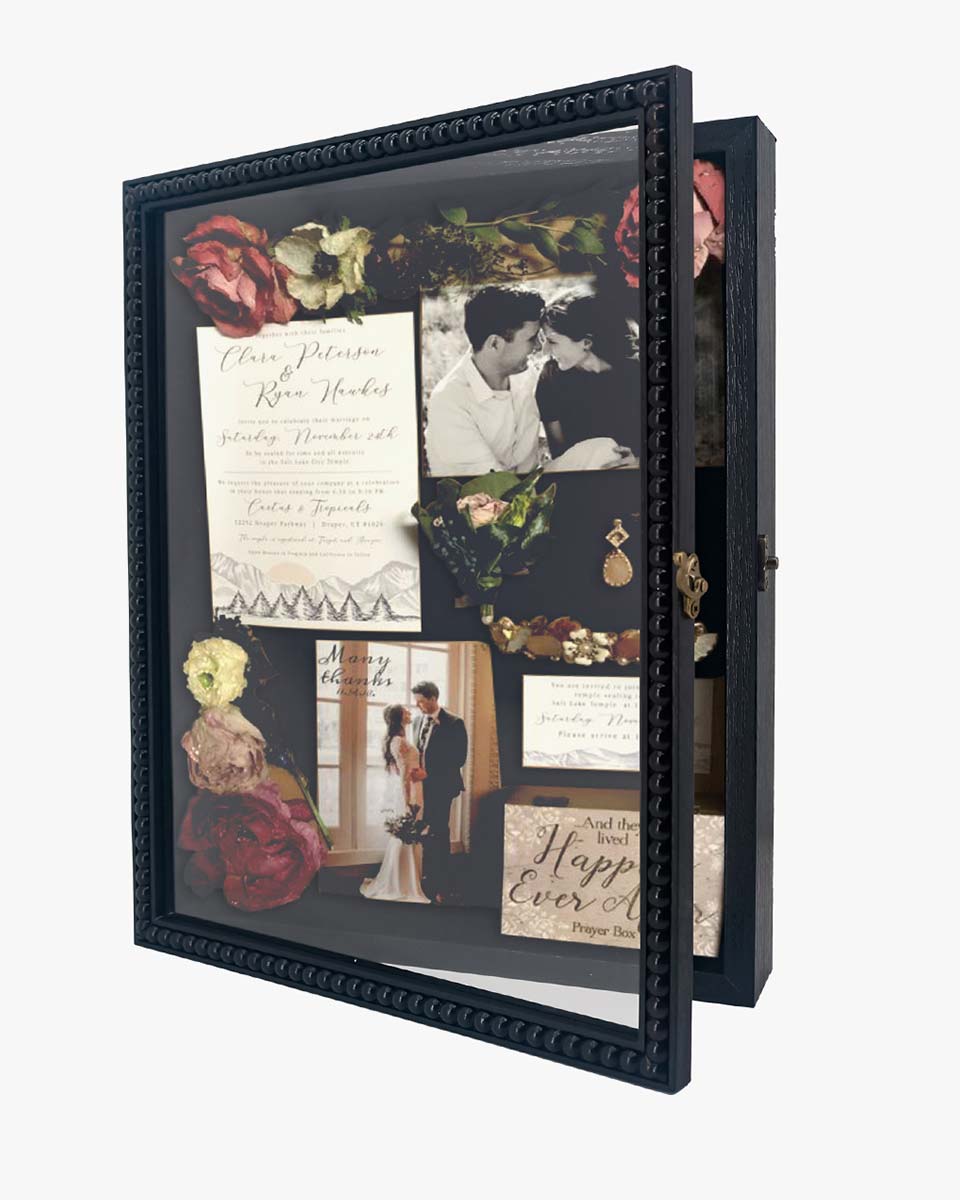 Black Deep Front Open with Hinge Beaded Designed Picture Shadow Box with Linen Back in 3 Sizes