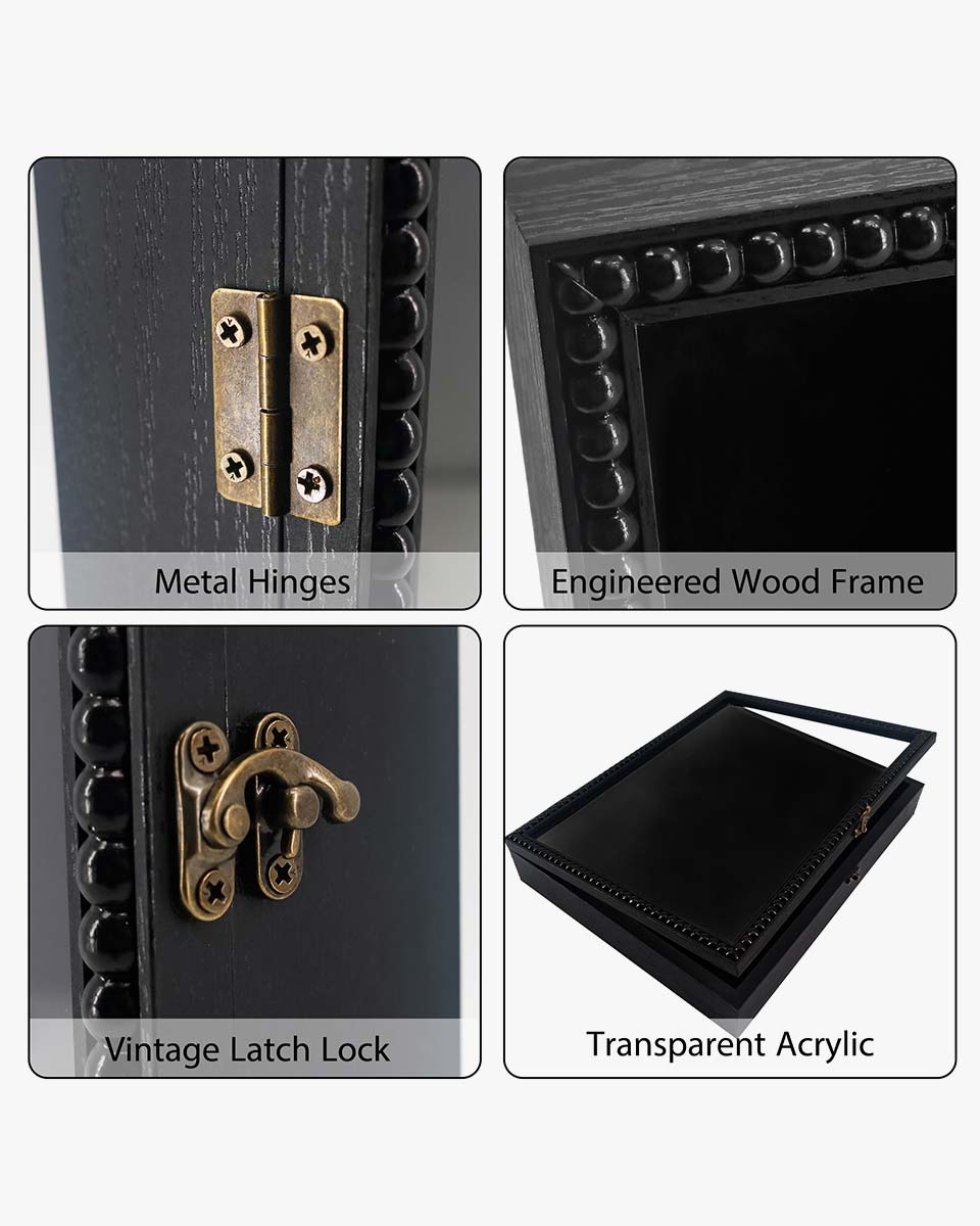 Black Deep Front Open with Hinge Beaded Designed Picture Shadow Box with Linen Back in 3 Sizes