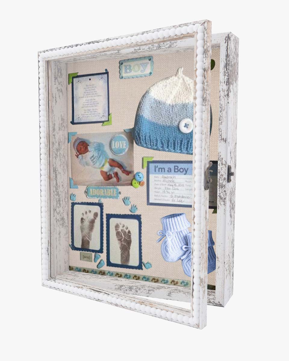 White Deep Front Open with Hinge Beaded Designed Picture Shadow Box with Linen Back in 3 Sizes