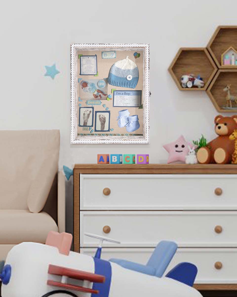 White Deep Front Open with Hinge Beaded Designed Picture Shadow Box with Linen Back in 3 Sizes