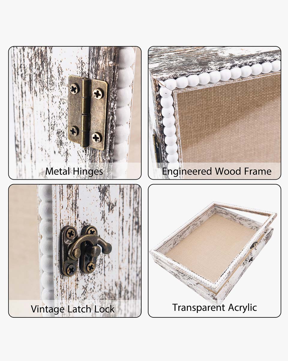 White Deep Front Open with Hinge Beaded Designed Picture Shadow Box with Linen Back in 3 Sizes