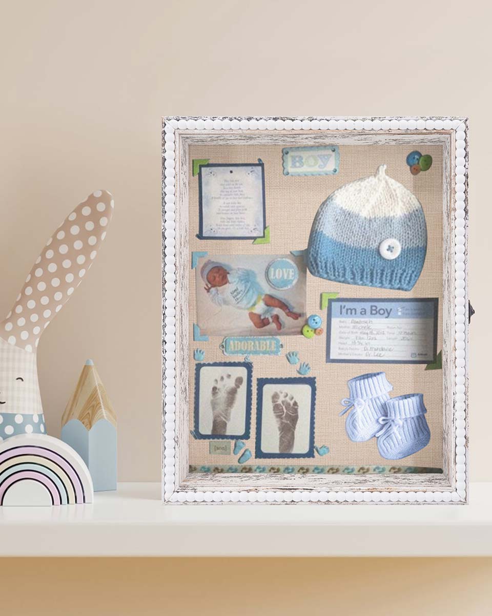 White Deep Front Open with Hinge Beaded Designed Picture Shadow Box with Linen Back in 3 Sizes