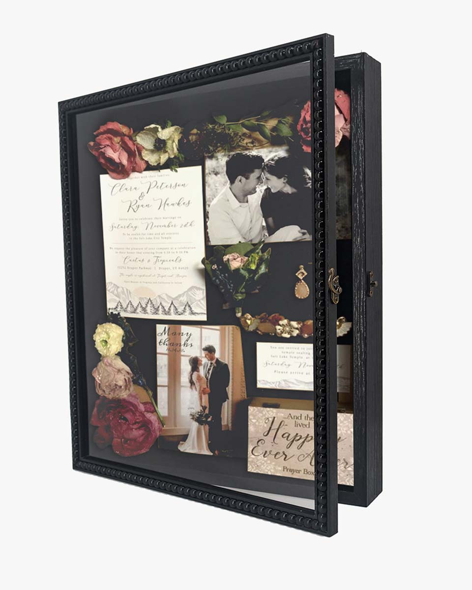 Black Deep Front Open with Hinge Beaded Designed Picture Shadow Box with Linen Back in 3 Sizes