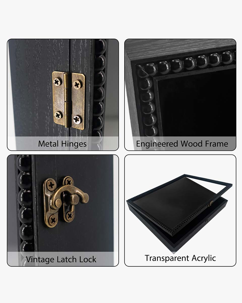 Black Deep Front Open with Hinge Beaded Designed Picture Shadow Box with Linen Back in 3 Sizes