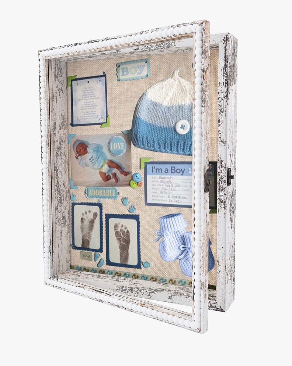 White Deep Front Open with Hinge Beaded Designed Picture Shadow Box with Linen Back in 3 Sizes