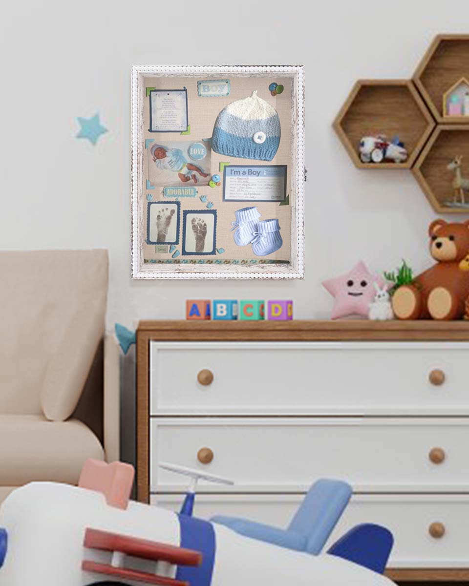 White Deep Front Open with Hinge Beaded Designed Picture Shadow Box with Linen Back in 3 Sizes