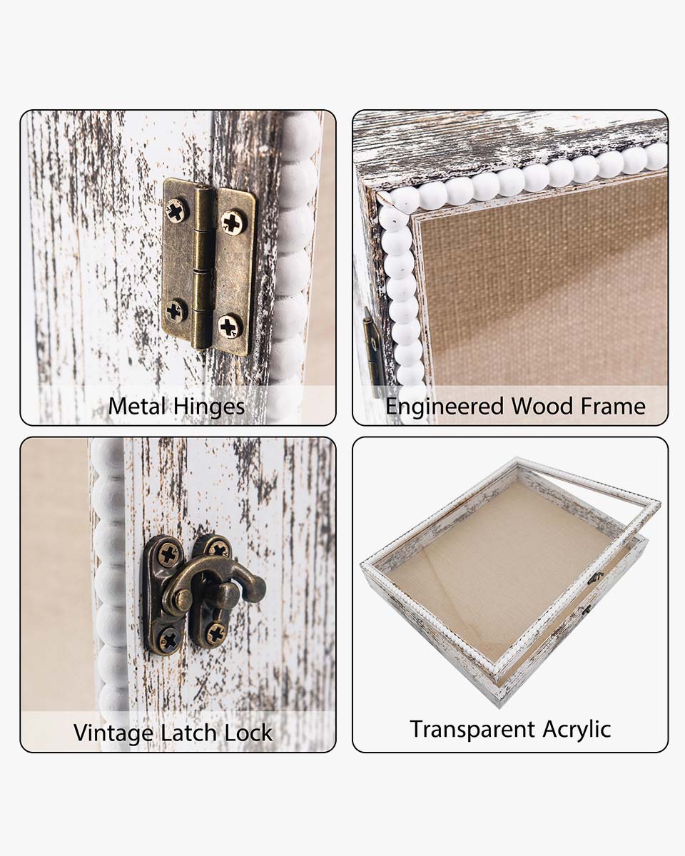 White Deep Front Open with Hinge Beaded Designed Picture Shadow Box with Linen Back in 3 Sizes