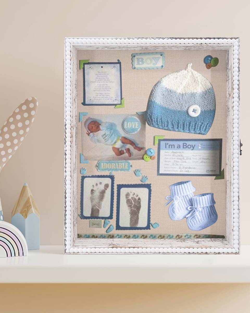 White Deep Front Open with Hinge Beaded Designed Picture Shadow Box with Linen Back in 3 Sizes