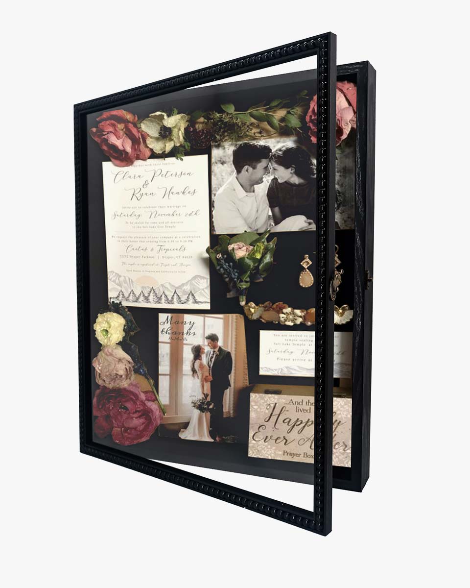 Black Deep Front Open with Hinge Beaded Designed Picture Shadow Box with Linen Back in 3 Sizes
