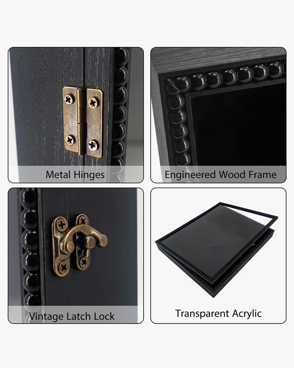 Black Deep Front Open with Hinge Beaded Designed Picture Shadow Box with Linen Back in 3 Sizes