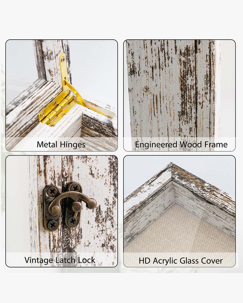 Rustic White Shadow Box Frame Window Door With Hinge in 7 Sizes