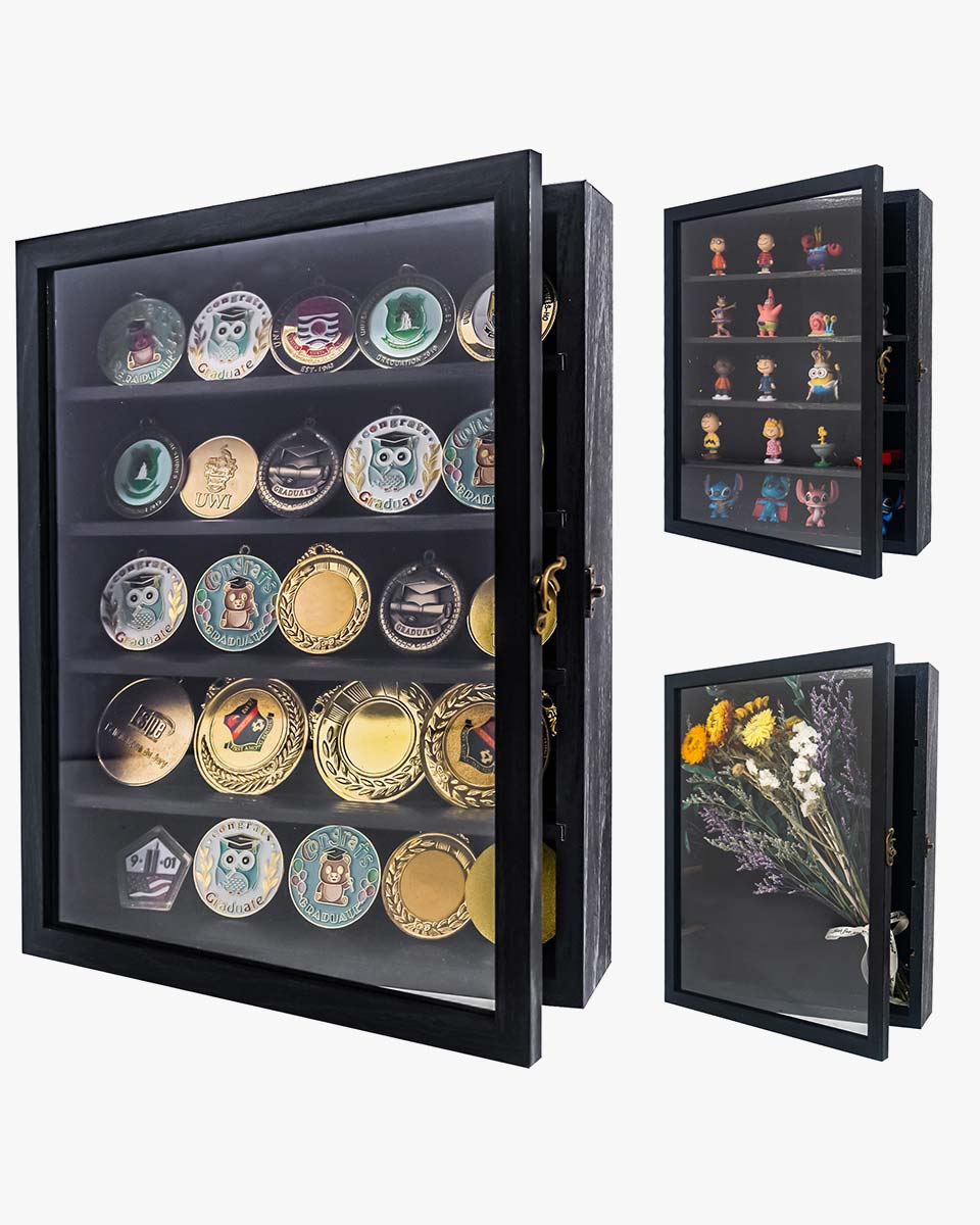 Rustic Black Shadow Box Frame Real Glass Window Door with Removable Shelves in 4 Sizes