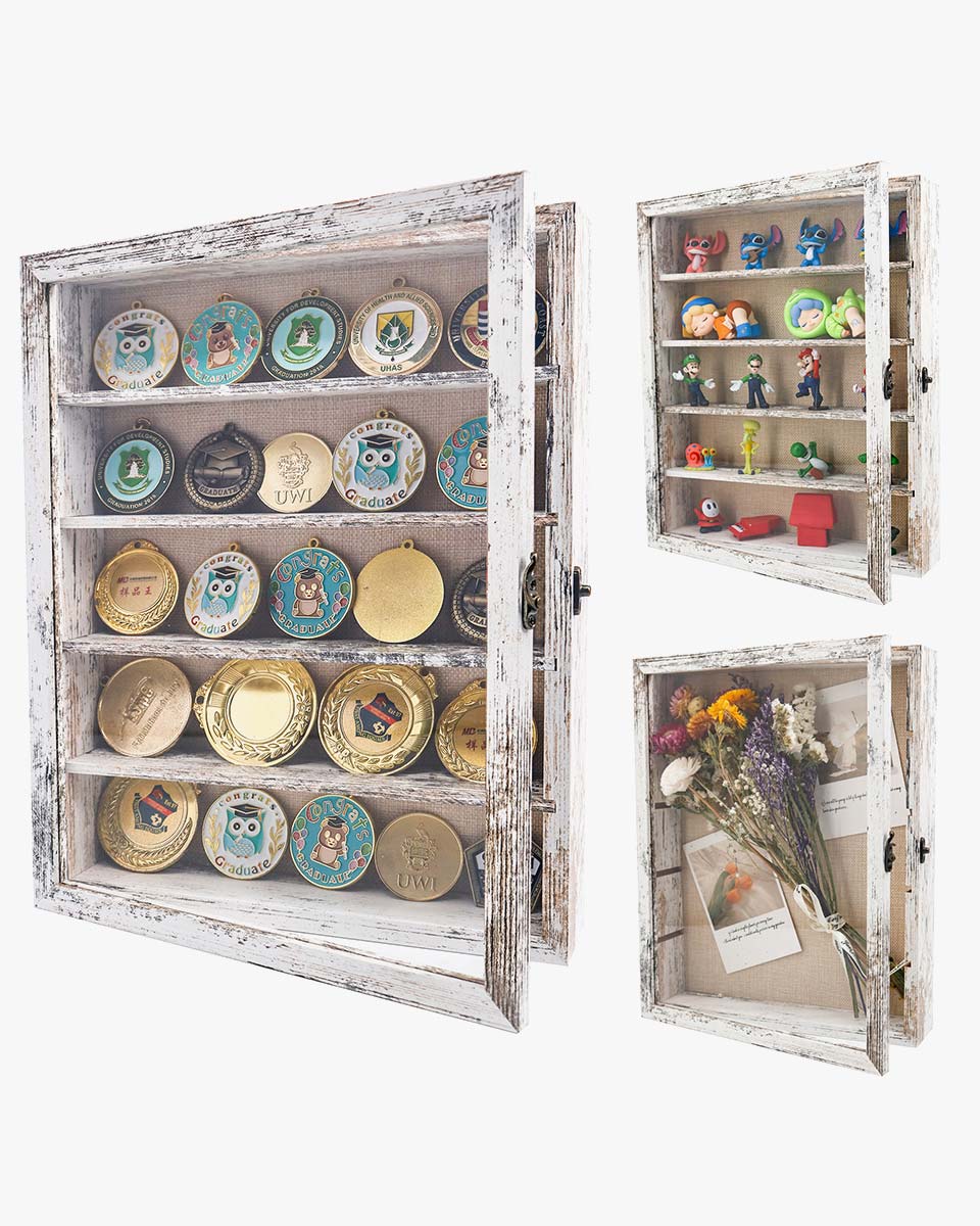 Rustic White Shadow Box Frame Real Glass Window Door with Removable Shelves in 4 Sizes