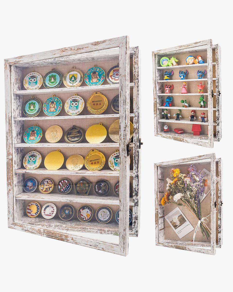 Rustic White Shadow Box Frame Window Door with Removable Shelves in 4 Sizes