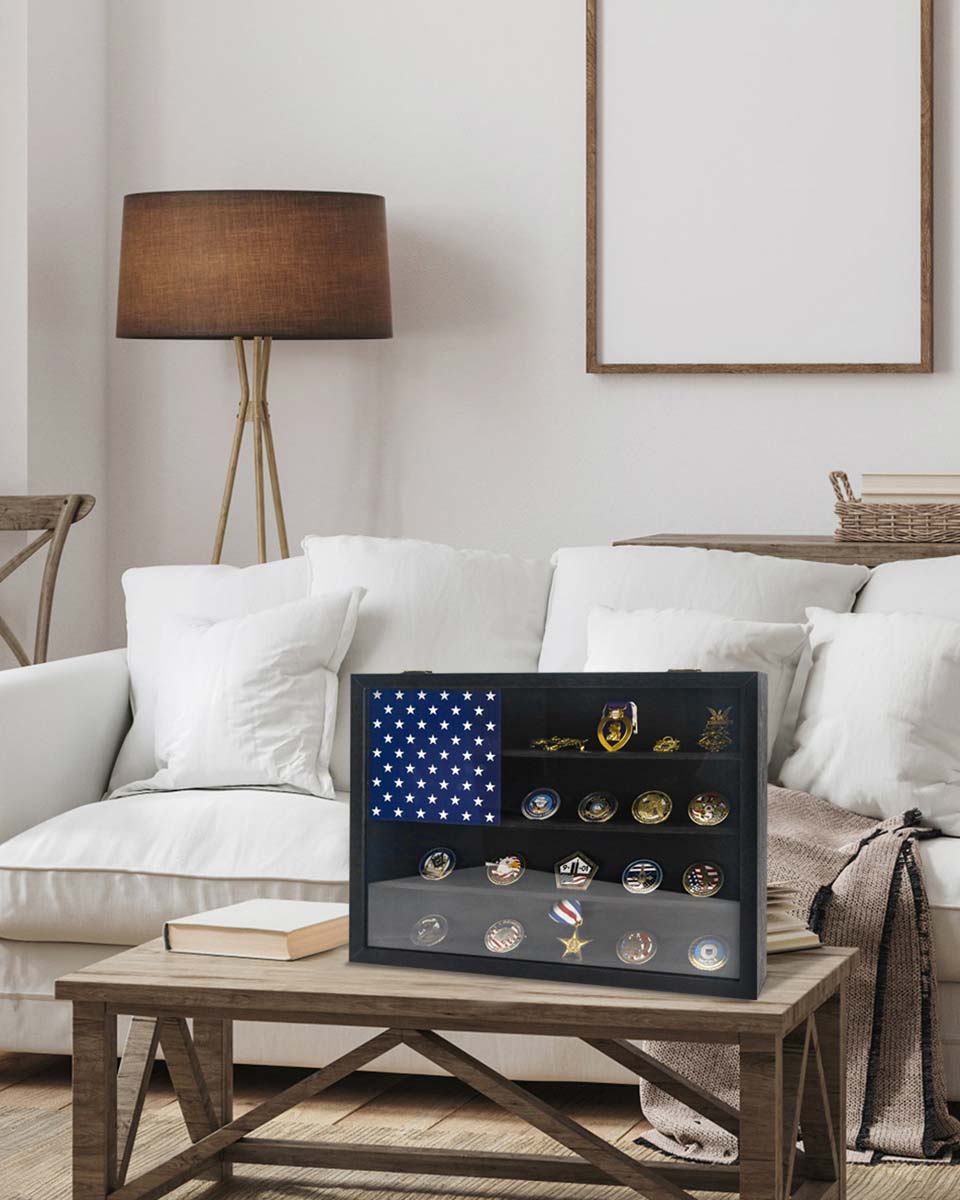 Wooden American Flag Challenge Coin Medal Display Case Frame 12x16 – 2 Colors Available