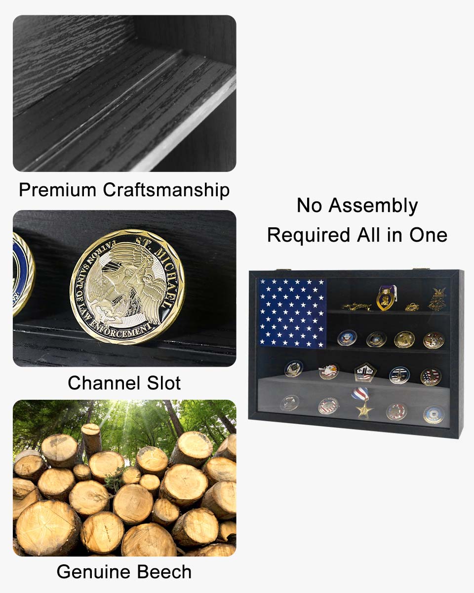 Wooden American Flag Challenge Coin Medal Display Case Frame 12x16 – 2 Colors Available