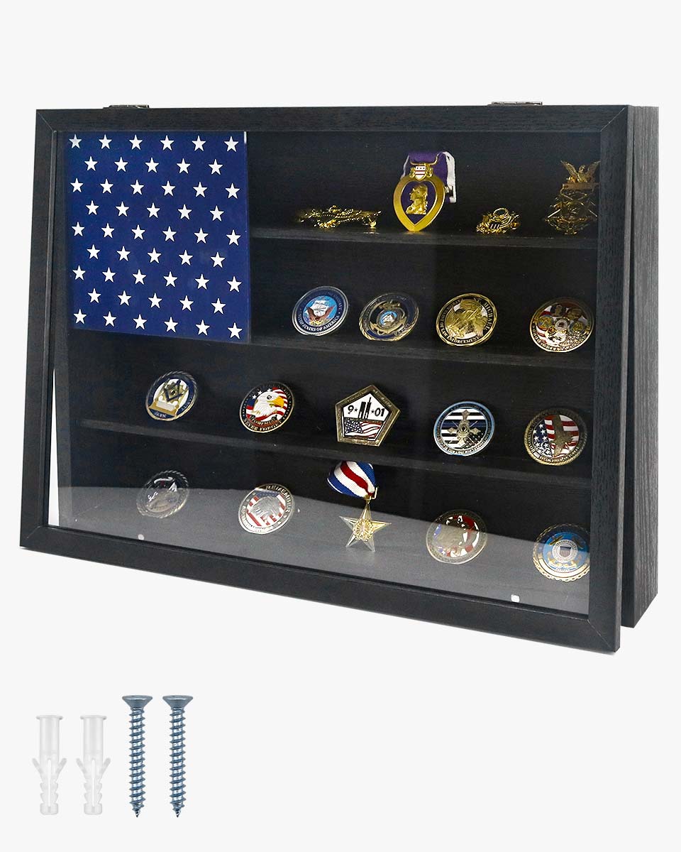 Wooden American Flag Challenge Coin Medal Display Case Frame 12x16 – 2 Colors Available