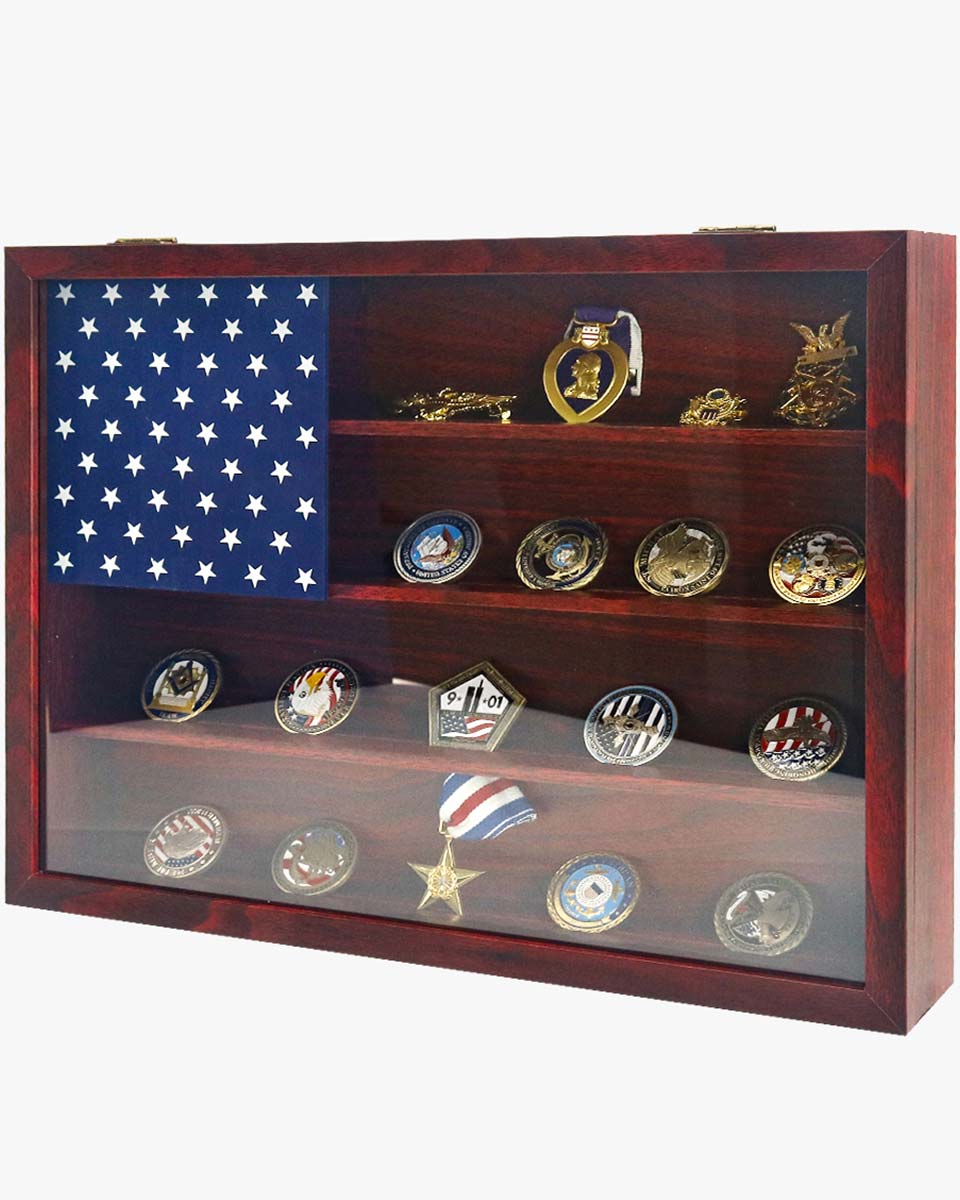 Wooden American Flag Challenge Coin Medal Display Case Frame 12x16 – 2 Colors Available