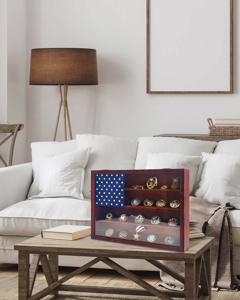 Wooden American Flag Challenge Coin Medal Display Case Frame 12x16 – 2 Colors Available