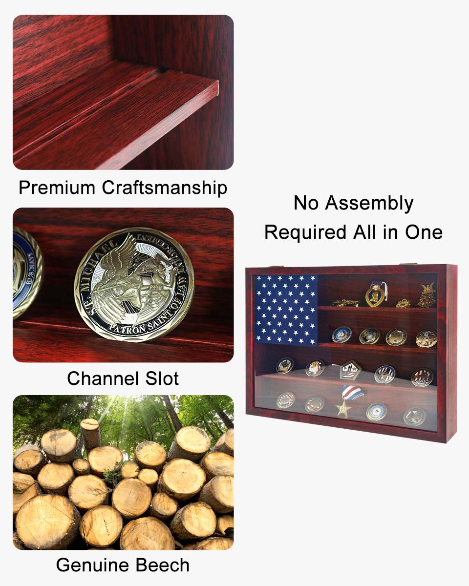 Wooden American Flag Challenge Coin Medal Display Case Frame 12x16 – 2 Colors Available