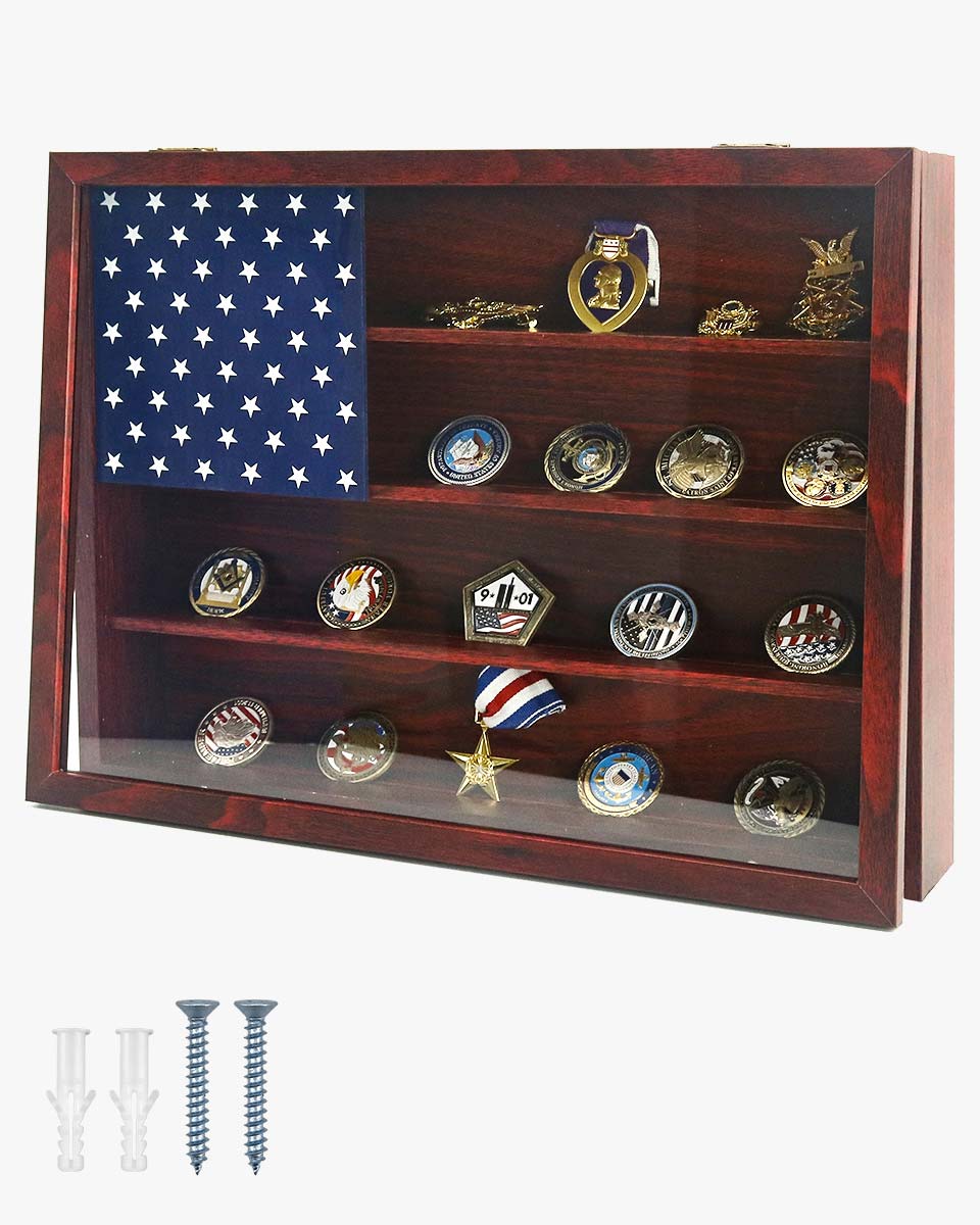 Wooden American Flag Challenge Coin Medal Display Case Frame 12x16 – 2 Colors Available