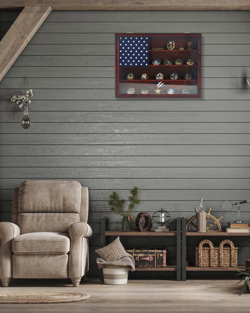 Wooden American Flag Challenge Coin Medal Display Case Frame 12x16 – 2 Colors Available