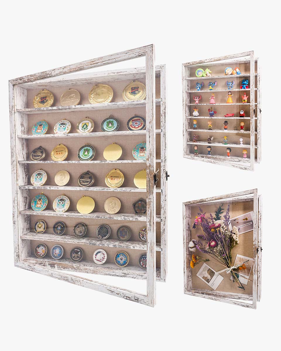 Rustic White Shadow Box Frame Window Door with Removable Shelves in 4 Sizes