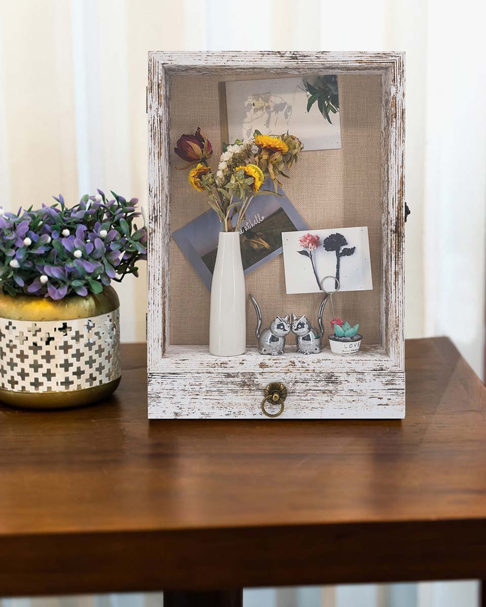 Wooden Shadow Box Frame with Drawer and Soft Line Back - 3 Colors Available