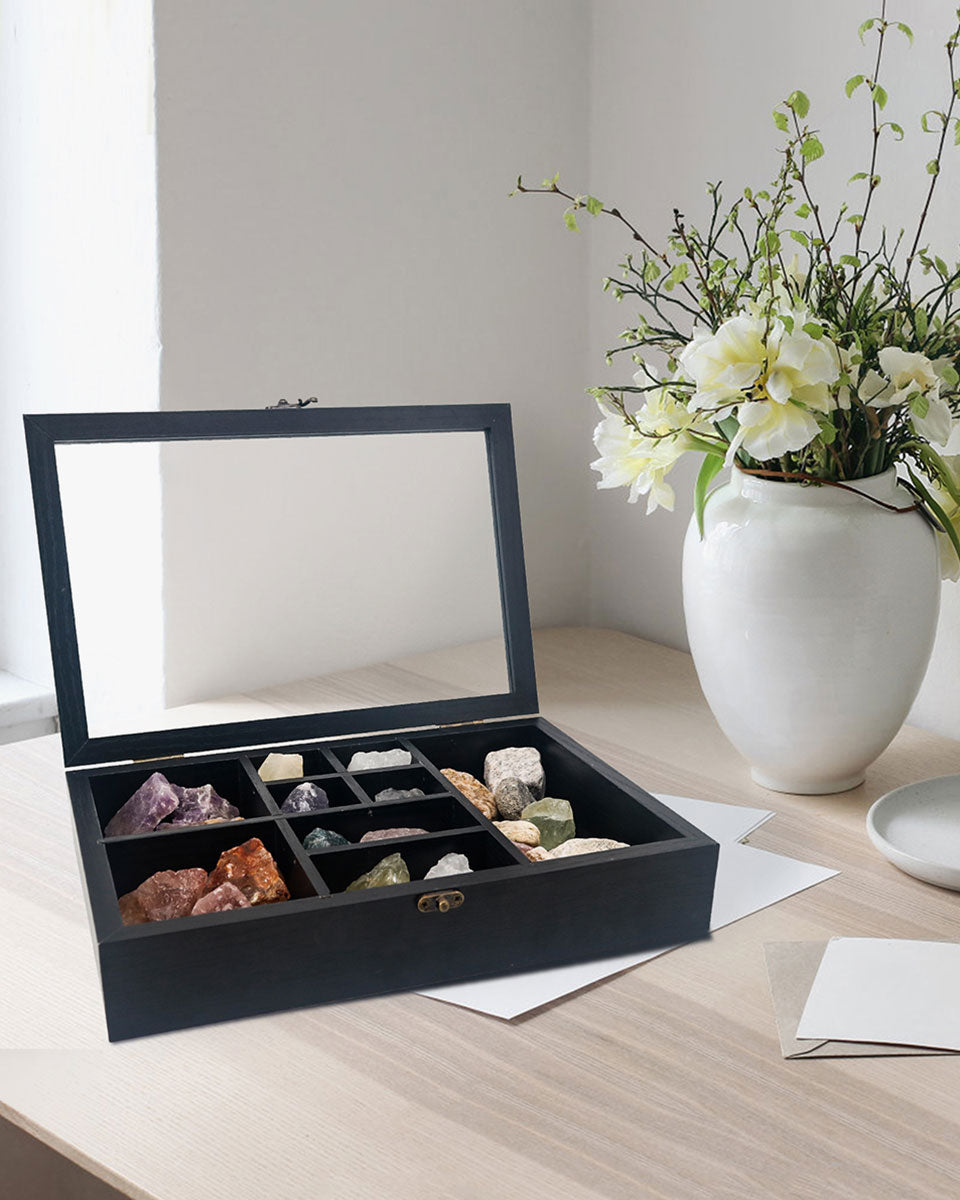 Rock Crystal Collection Box with Shelves - Onyx Opal Crystal Stand Displayed in 9 Different Sizes - 3 Colors Available