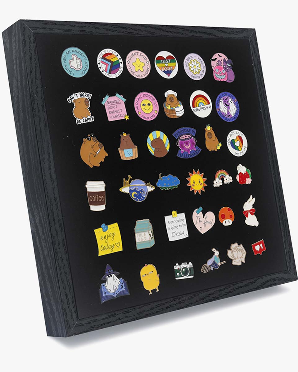Black Enamel Pin Collection Display Case Frame with Real Glass - 2 Sizes Available
