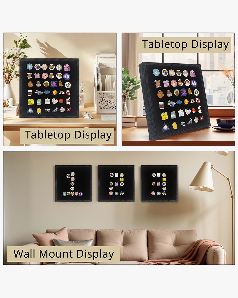 Black Enamel Pin Collection Display Case Frame with Real Glass - 2 Sizes Available