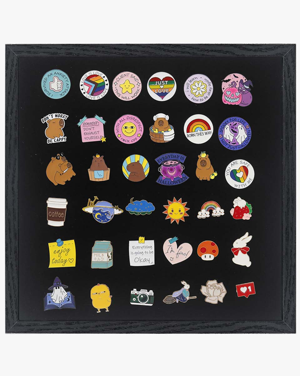 Black Enamel Pin Collection Display Case Frame with Real Glass - 2 Sizes Available