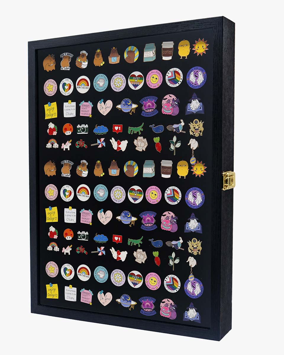 Black Enamel Pin Collection Display Case Frame with Real Glass - 2 Sizes Available