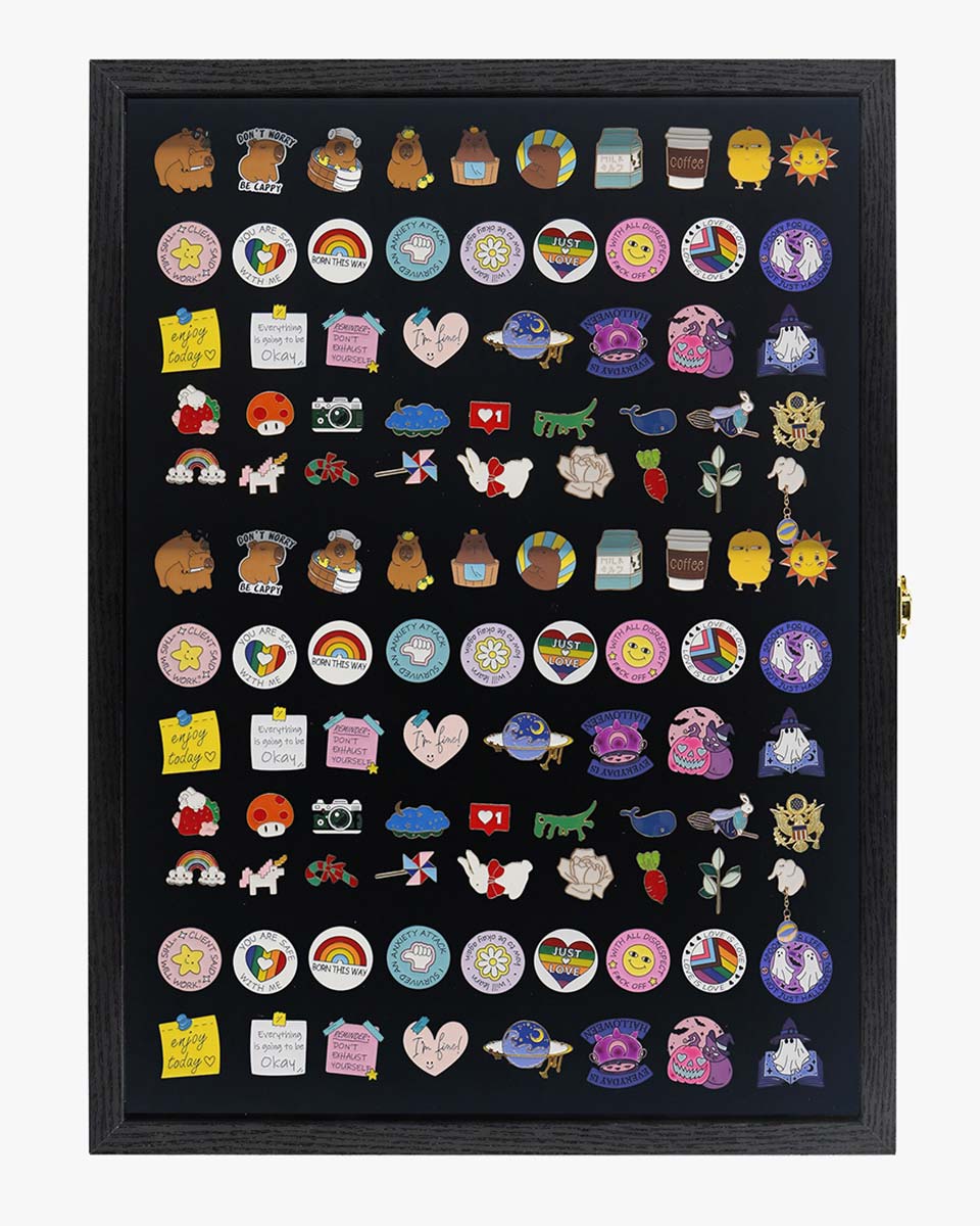 Black Enamel Pin Collection Display Case Frame with Real Glass - 2 Sizes Available