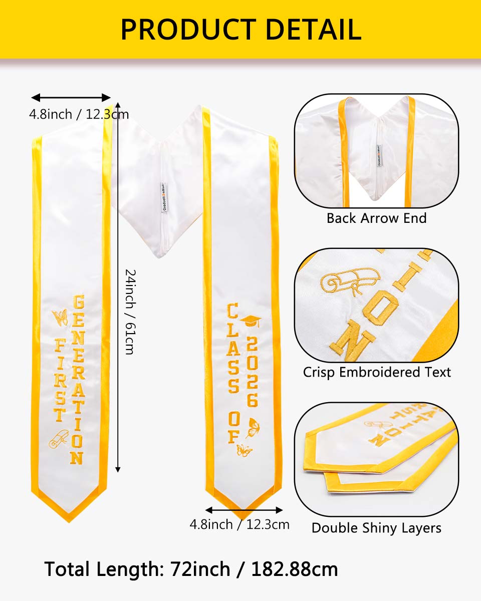 Class of 2026 Embroidered First Generation Graduation Stole for High School College - 2 Colors Available