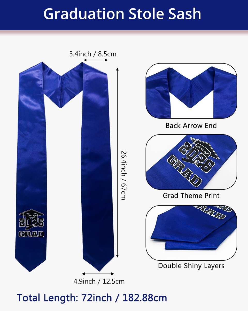 Class of 2026 Adults Imprinted Graduation Stoles with Classic End - 5 Colors Available