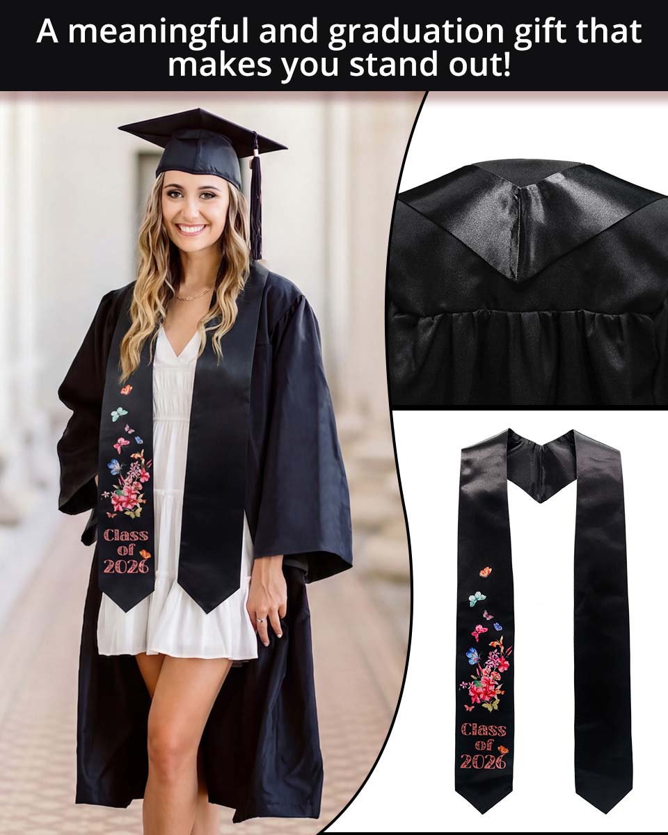 Class of 2026 Adults Floral Imprinted Graduation Stoles with Classic End - 7 Colors Available