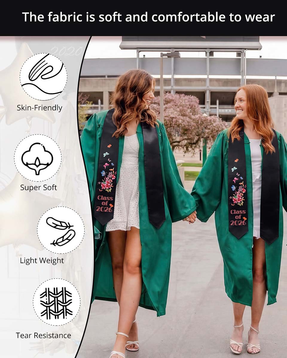 Class of 2026 Adults Floral Imprinted Graduation Stoles with Classic End - 7 Colors Available