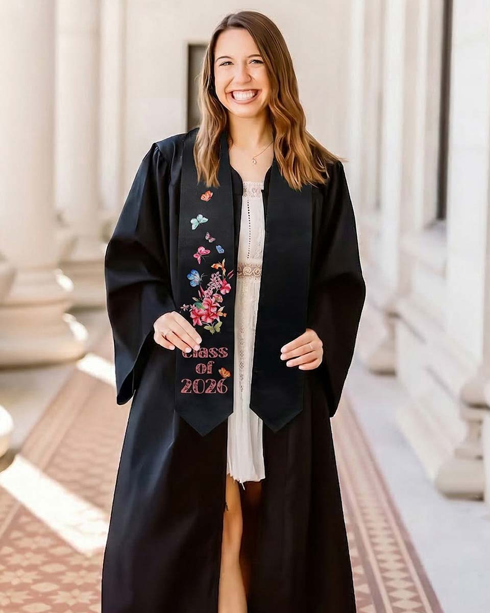 Class of 2026 Adults Floral Imprinted Graduation Stoles with Classic End - 7 Colors Available