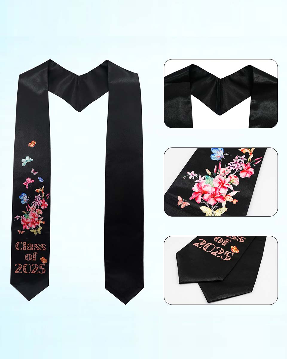 Class of 2025 Adults Floral Imprinted Graduation Stoles with Classic End - 2 Colors Available