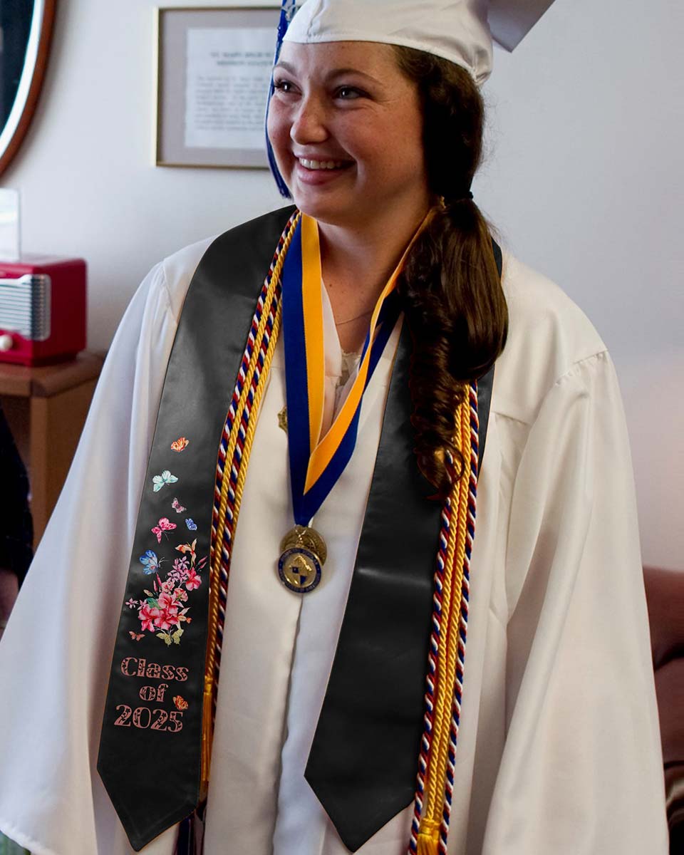 Class of 2025 Adults Floral Imprinted Graduation Stoles with Classic End - 2 Colors Available