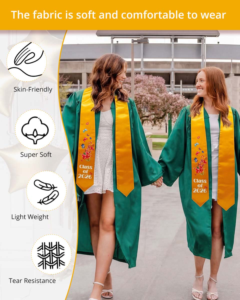 Class of 2026 Adults Floral Imprinted Graduation Stoles with Classic End - 7 Colors Available
